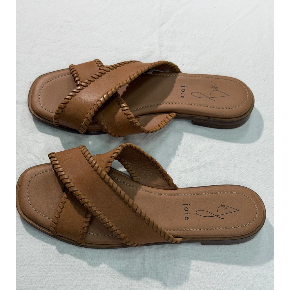 Joie Tan Leather Slide Sandals Womens 8 Cognac Whipstitch Flat Mules - Picture 7 of 8